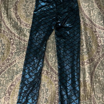 Shiny Fish Scale Little Mermaid Girl Blue Leggings Yoga Pants Size XXL Kids